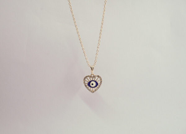 Heart-Shaped Evil Eye Pendant Necklace – Gold Plated with Crystal Accents