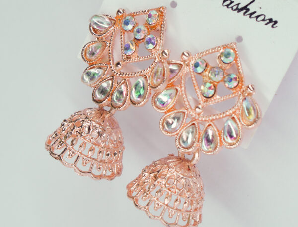 Rose Gold Crystal Jhumka Earrings - Image 3